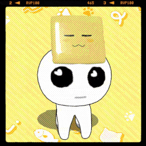 TBH creature with cheese on the head rotating back and forth in front of a yellow background